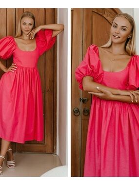 NWT Hand Made Bali ELF Cherie Puff Sleeve Midi Dress in Magenta